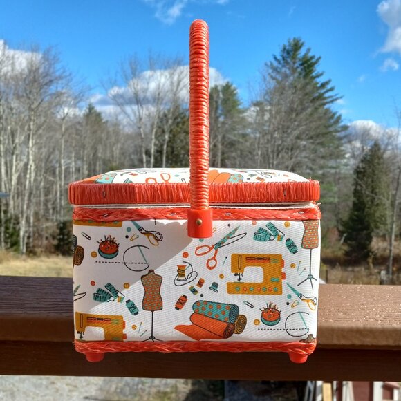 Fabric Covered Sewing Storage Box with Handle Resembles Singer - Picture 2 of 11